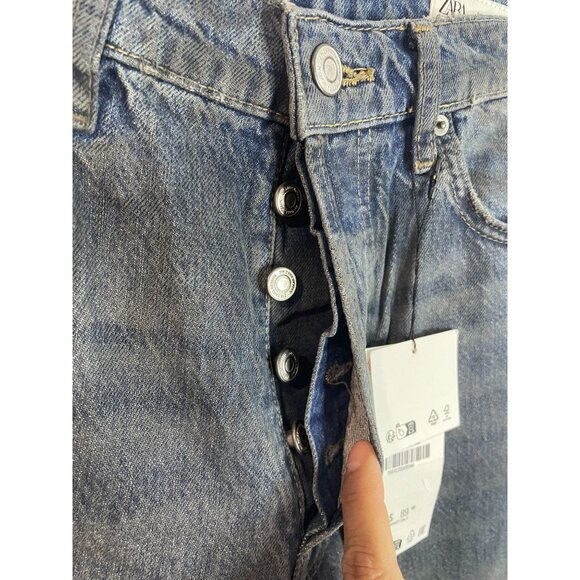 Zara Womens Loose Fit Straight Leg Low Rise Denim Jeans Size 34 Blue Distressed - Picture 6 of 16